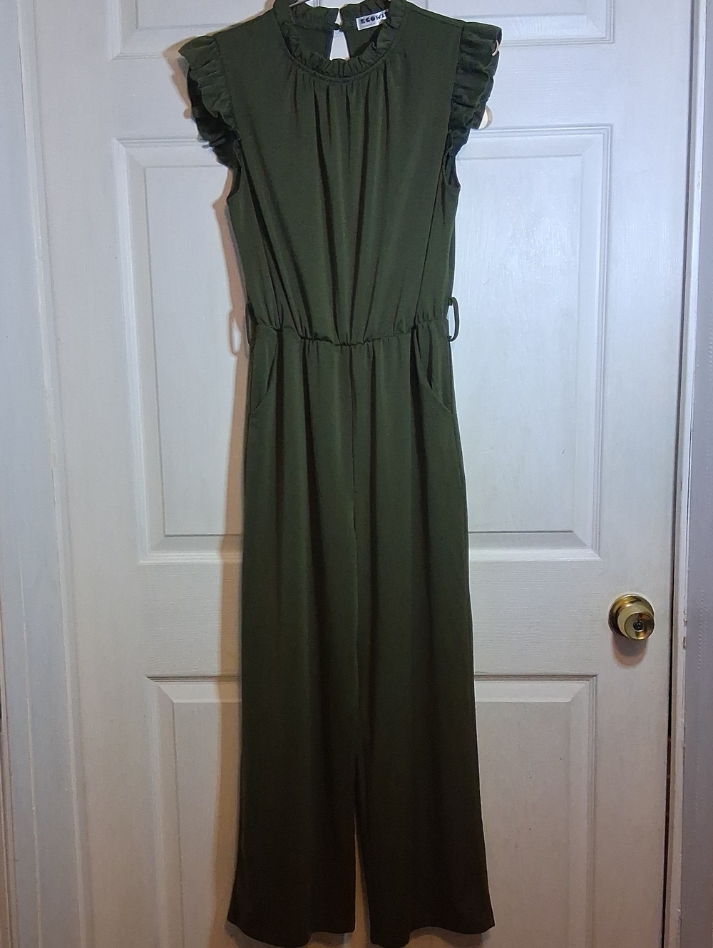 Ecowish Olive Ruffle Sleeve Wide-Leg Jumpsuit